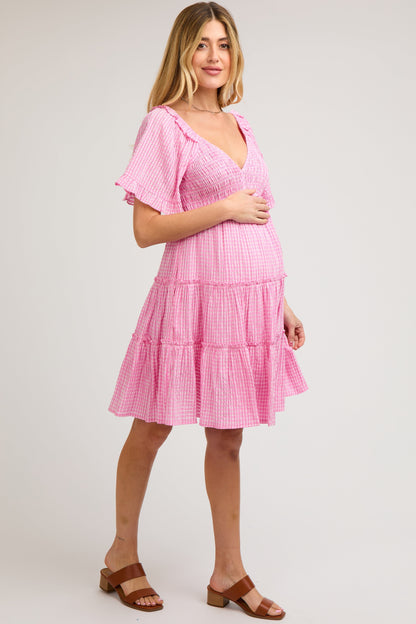 Pink Smocked V-Neck Ruffle Short Sleeve Tiered Maternity Dress
