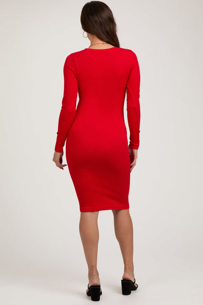 Red Ribbed Maternity Seamless Fitted Dress