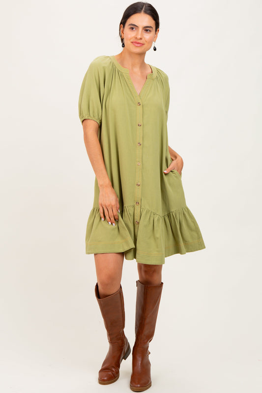 Light Olive Button Front Short Puff Sleeve Dress