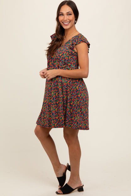 Black Floral V-Neck Maternity Dress