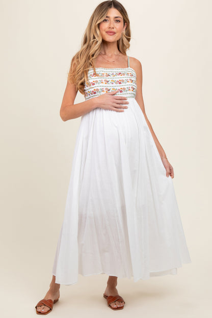 Multi-Color Floral Embroidered Lace-Up Back Maternity Maxi Dress